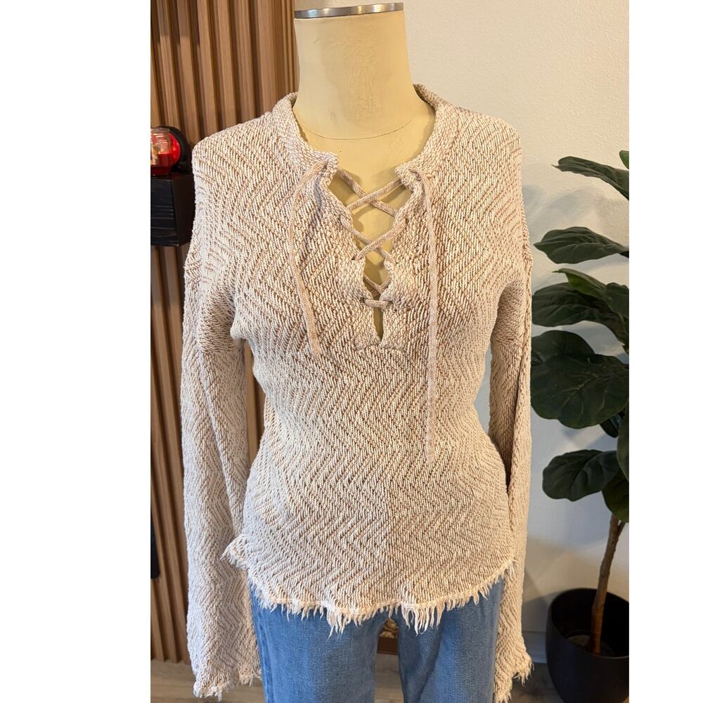 Billabong Sincerely Jules Lace-Up Knit Sweater Size Small Cream Tan Boho Fringe